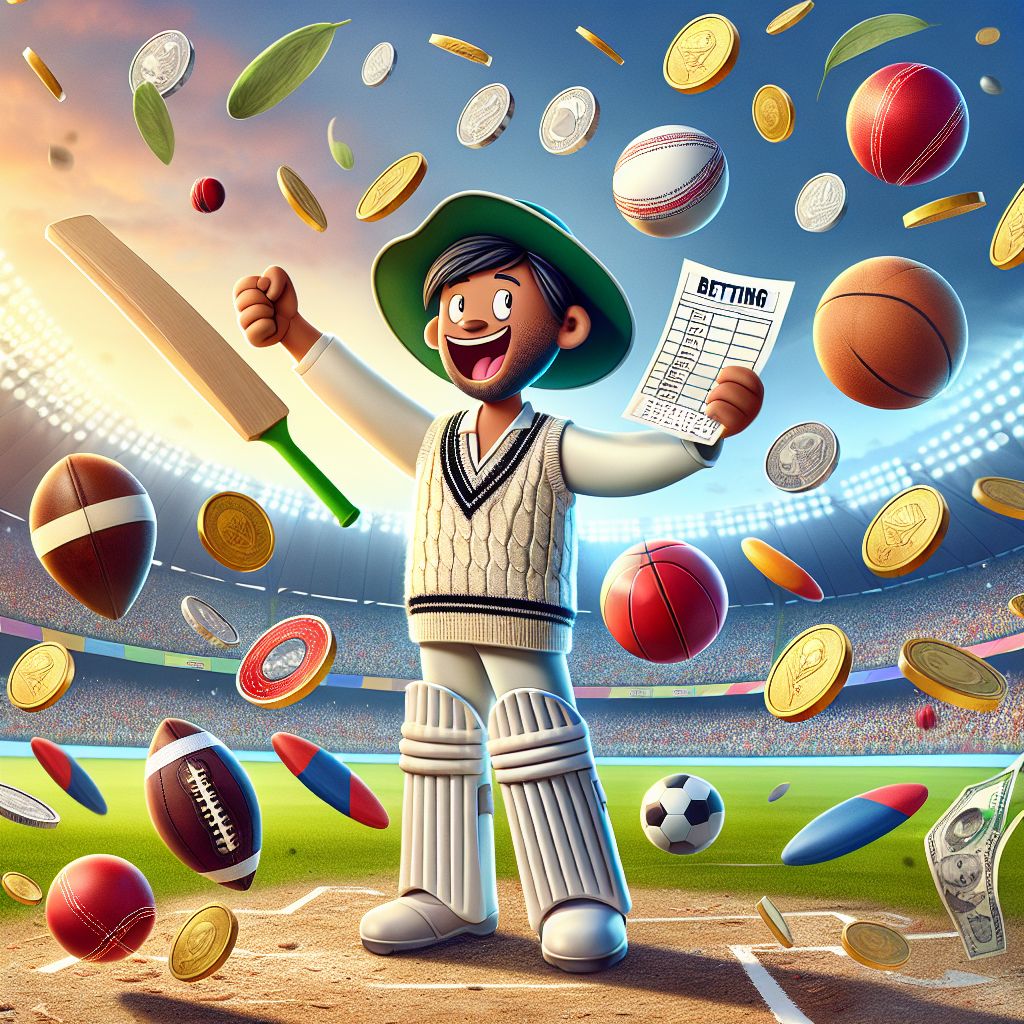 555bat sports betting character with cricket bat and football celebrating victory