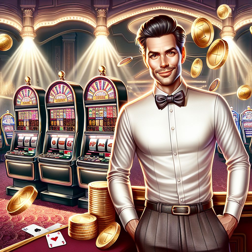 555bat casino themed character surrounded by slot machines and golden coins